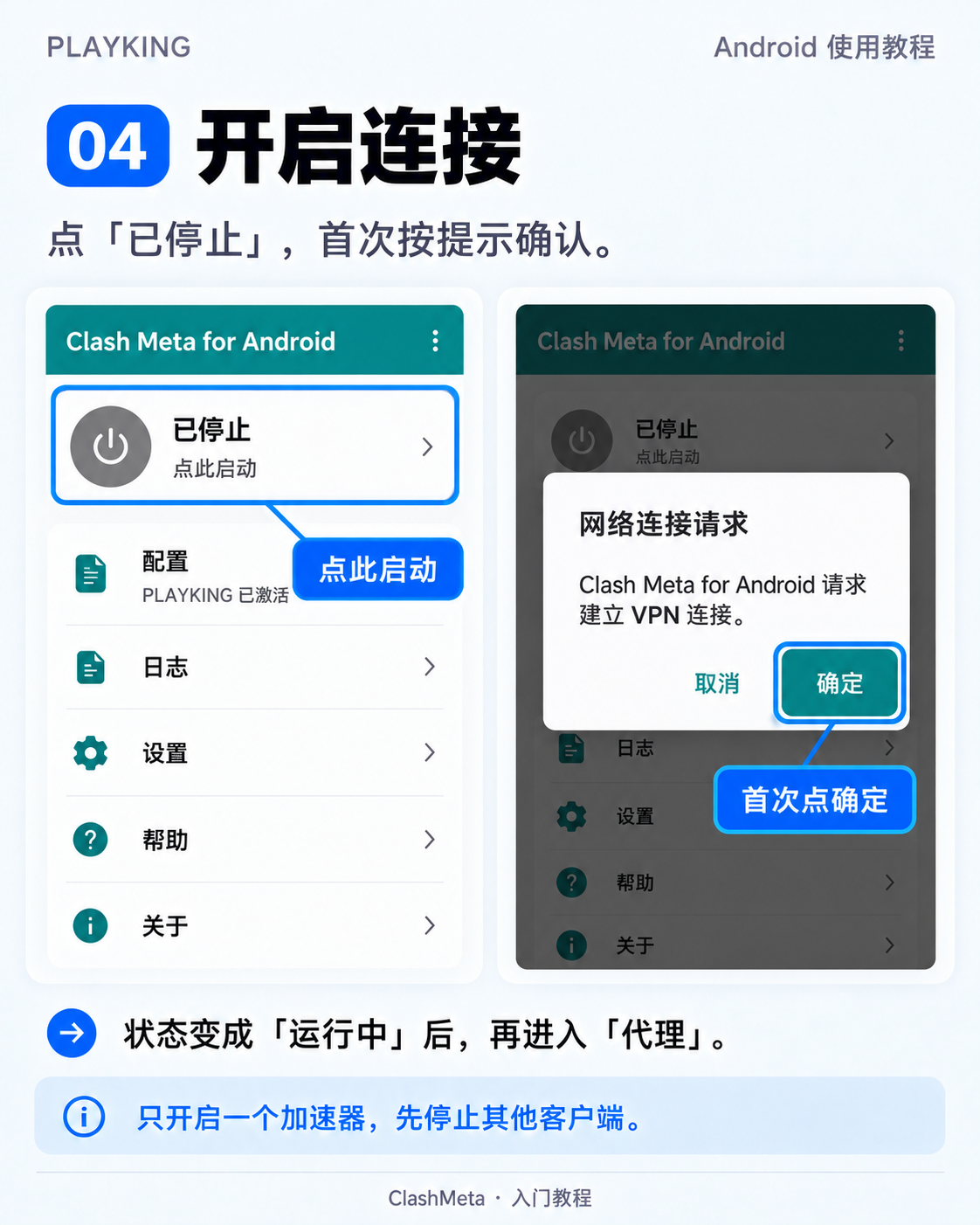 点首页的已停止区域启动,首次按系统提示确认连接请求