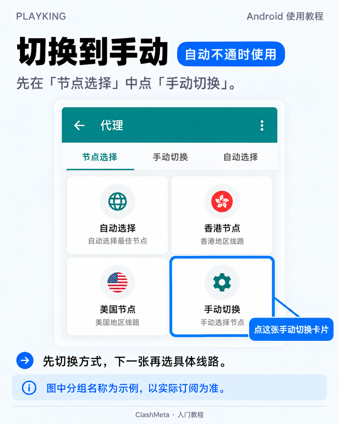 在节点选择分组中点手动切换卡片,先改变选择方式