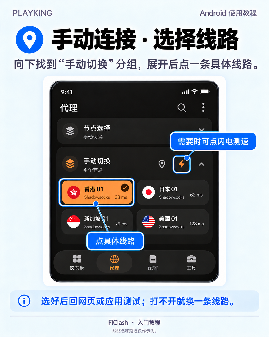 向下找到手动切换分组并展开,再点具体节点卡片选择线路