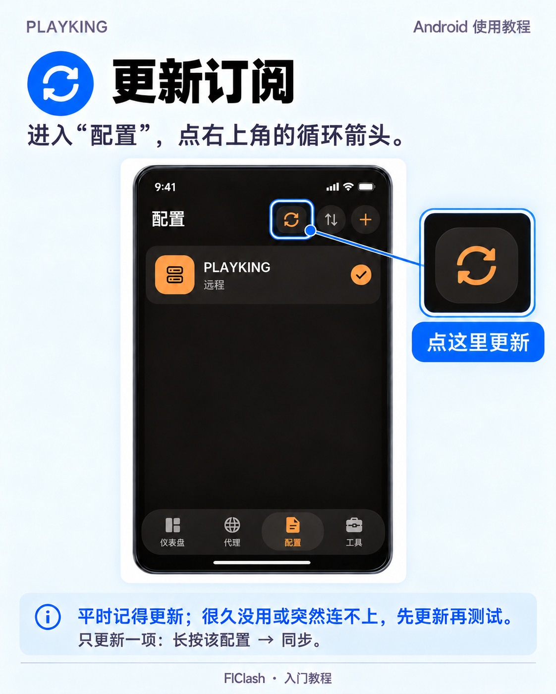 在新版配置页点顶部循环箭头更新远程订阅,或长按单项配置选择同步