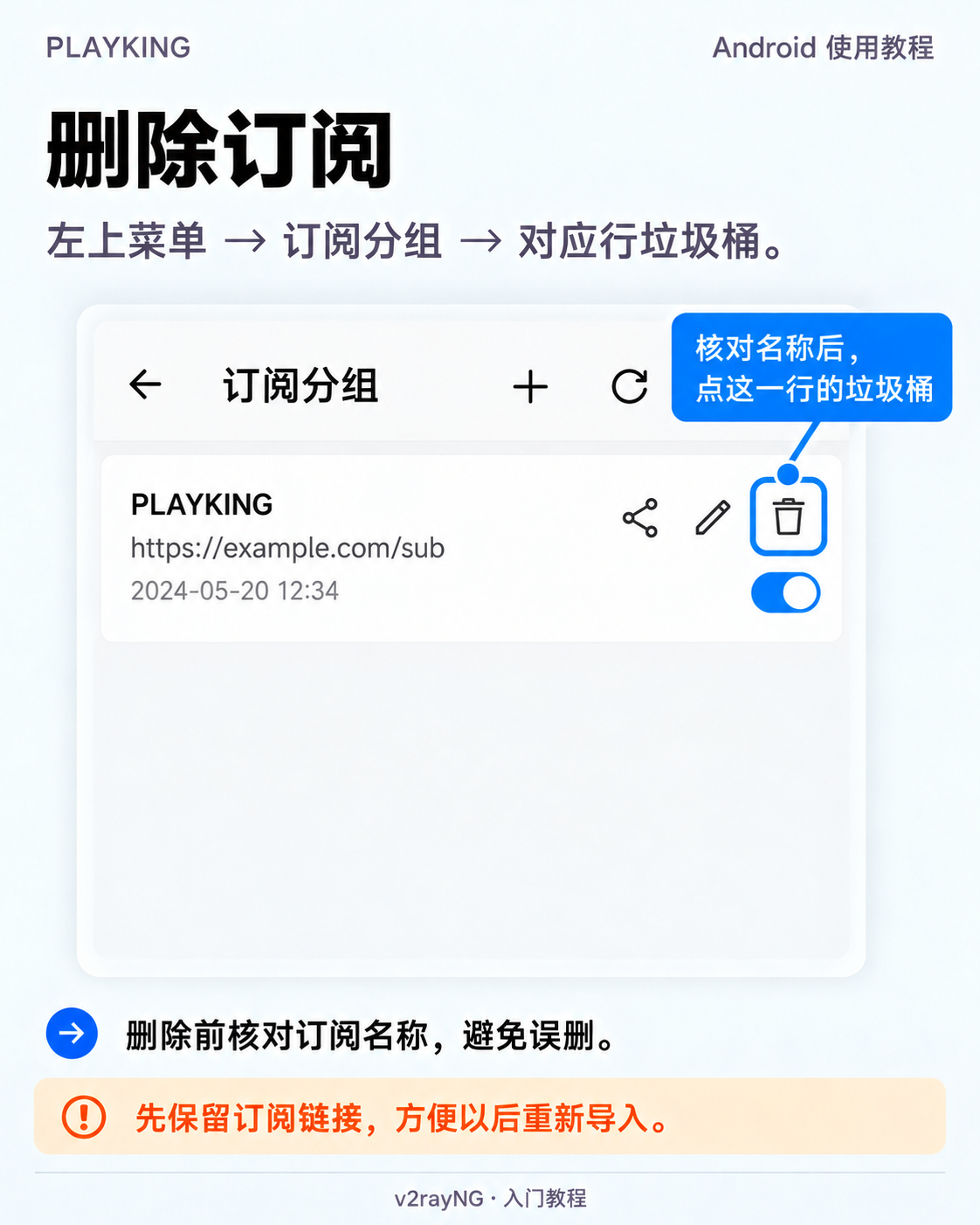 在订阅分组页核对名称,点对应订阅行的垃圾桶,而不是主界面的批量删除菜单
